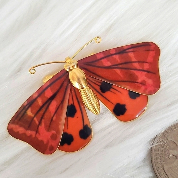 Vintage Jewelry - Vintage Dainty Orange Red Gold Tone Butterfly Unsigned Brooch Pin Jewelry